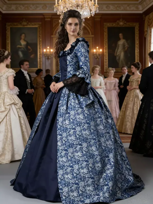 Déguisement Robe De Soirée Médiéval Costume Rétro Femme Marie-Antoinette Robe De Bal À Imprimé Floral En Satin Mat Halloween