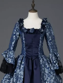 Déguisement Robe De Soirée Médiéval Costume Rétro Femme Marie-Antoinette Robe De Bal À Imprimé Floral En Satin Mat Halloween