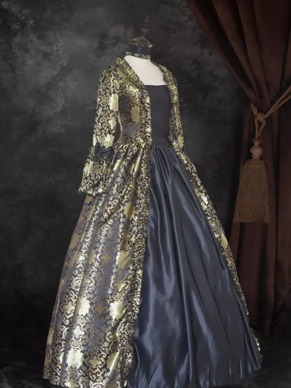 Déguisement Vintage Robe Gothique Soirée Costume Marie Antoinette Noir Or