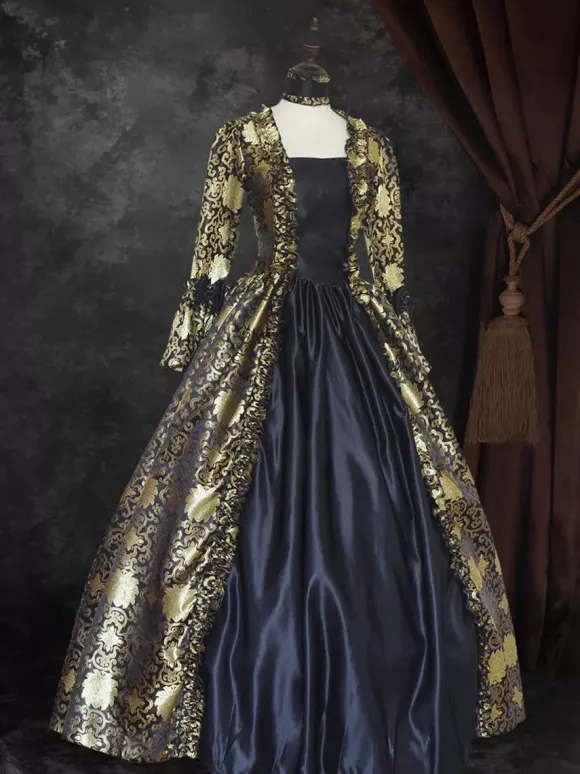 Déguisement Vintage Robe Gothique Soirée Costume Marie Antoinette Noir Or