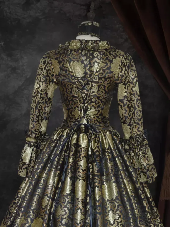 Déguisement Vintage Robe Gothique Soirée Costume Marie Antoinette Noir Or