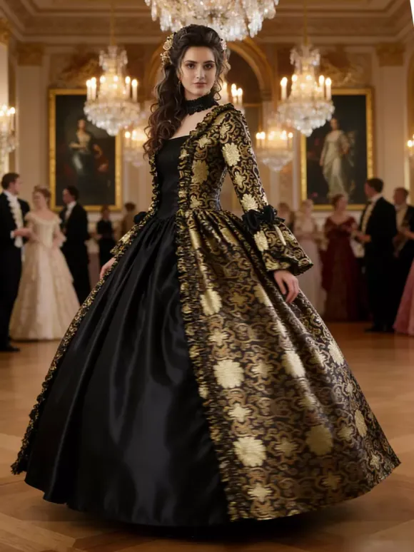 Déguisement Vintage Robe Gothique Soirée Costume Marie Antoinette Noir Or