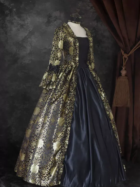 Déguisement Vintage Robe Gothique Soirée Costume Marie Antoinette Noir Or