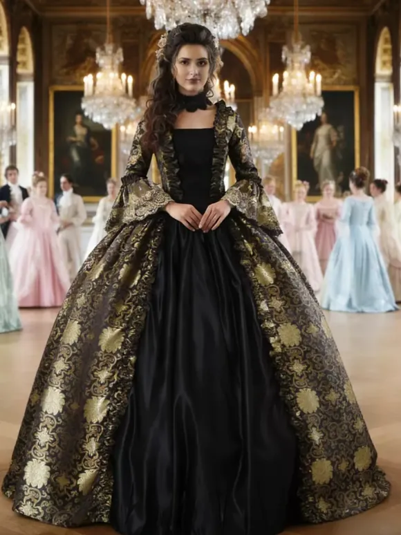 Déguisement Vintage Robe Gothique Soirée Costume Marie Antoinette Noir Or