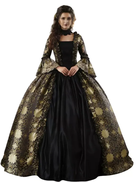 Déguisement Vintage Robe Gothique Soirée Costume Marie Antoinette Noir Or