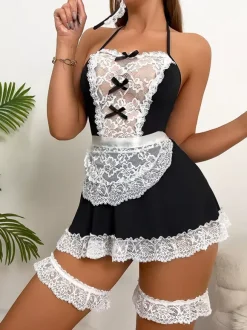 Déguisement de soubrette coiffe en dentelle robe dos nu à nouer costume de servante