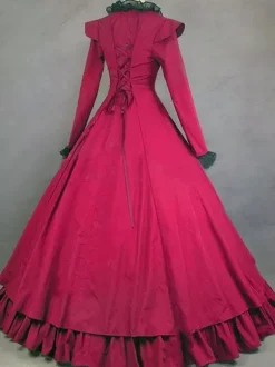 Déguisement Robe De Soirée Médiéval Costume De Robe Victorienne Manches Longues Robe De Bal Rouge Bouton À Volants Pour Femmes 18ère Victorienne Vêtements Rétro Carnaval Bourgogne