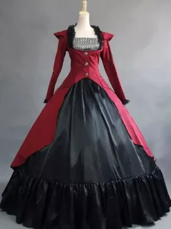 Déguisement Robe De Soirée Médiéval Costume De Robe Victorienne Manches Longues Robe De Bal Rouge Bouton À Volants Pour Femmes 18ère Victorienne Vêtements Rétro Carnaval Bourgogne
