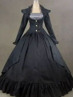 Déguisement Robe De Soirée Médiéval Costume De Robe Victorienne Manches Longues Robe De Bal Rouge Bouton À Volants Pour Femmes 18ère Victorienne Vêtements Rétro Carnaval Bourgogne