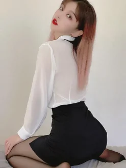 Déguisements Sexy Costumes Femme Body Ensembles 4 Pièces Transparents Tops Manches Longues Jupe Moulante Courte Cravate