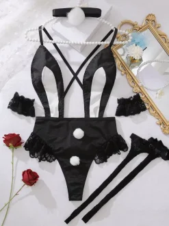 Déguisements sexy de fille lapin lingerie féminine attrayante pour rave nuisette plongeante avec bas et ras-de-cou