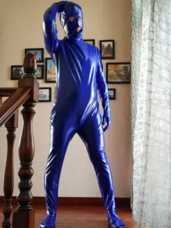 Déguisements Halloween Costume de Zentai Bleu de Combinaison de PVC Yeux Ouverts et Bouche Ouverte