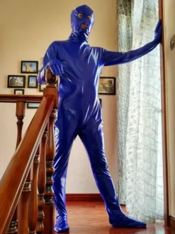 Déguisements Halloween Costume de Zentai Bleu de Combinaison de PVC Yeux Ouverts et Bouche Ouverte