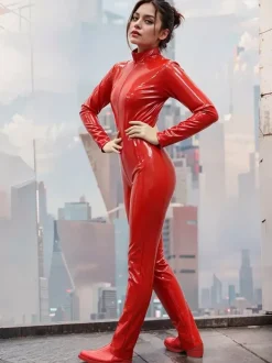 Déguisements Halloween PVC rouge métallique brillant Catsuit 2026 pleine Bodysuit