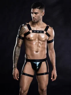 Déguisements Sexy Costumes Homme Armée Culottes avec Bretelles en Cuir Vernis à Lacets Unicolore Noir Sous-vêtements de Club