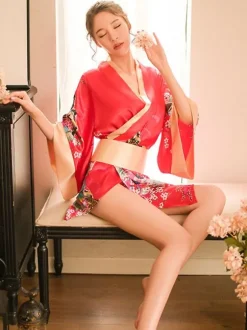 Déguisements Sexy Costumes kimono Femme Ensemble 3 Pièces Imprimé Fleuri à Col Décolleté en V avec Manches Longues