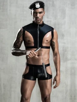 Déguisements Sexy Costumes Policier Homme Ensembles 3 Pièces Top avec Culotte en Cuir Synthétique Vernis Moulant Unicolore à Zip Noir