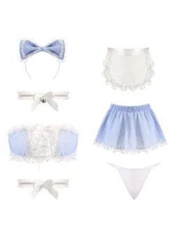 Déguisements Sexy Costumes Servante Femme Ensembles 6 Pièces en Dentelles Top Taille Haute Volants avec Jupe