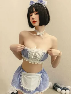 Déguisements Sexy Costumes Servante Femme Ensembles 6 Pièces en Dentelles Top Taille Haute Volants avec Jupe