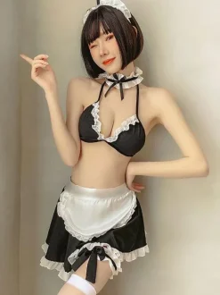 Déguisements Sexy Costumes Servante Femme Ensembles 6 Pièces en Dentelles Top Taille Haute Volants avec Jupe