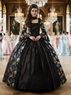 Déguisement Vintage Robe Noire Gothique Soirée Costume Marie Antoinette Col Carré 18ème Siècle