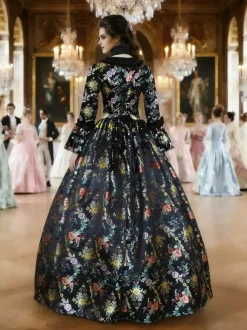 Déguisement Vintage Robe Noire Gothique Soirée Costume Marie Antoinette Col Carré 18ème Siècle