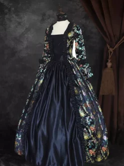 Déguisement Vintage Robe Noire Gothique Soirée Costume Marie Antoinette Col Carré 18ème Siècle