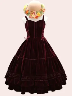 Douce Lolita JSK Robe Velours Lacet Ruffle Lolita Pull Jupes Bordeaux