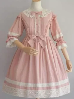 Douce Lolita OP Robe Noir Manche Mi-Longue à Volants Lolita Robes une pièce Déguisements Halloween
