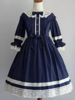 Douce Lolita OP Robe Noir Manche Mi-Longue à Volants Lolita Robes une pièce Déguisements Halloween