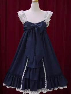 Douce Lolita Robe JSK Robe à Bretelle Avec Grand Noeud En Chiffon Déguisements Halloween