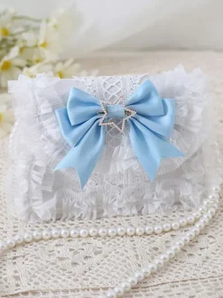Douce Lolita Sac Blanc N艙ud Bleu Pu Cuir Embellissement Accessoires Lolita