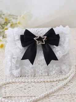 Douce Lolita Sac Blanc N艙ud Bleu Pu Cuir Embellissement Accessoires Lolita