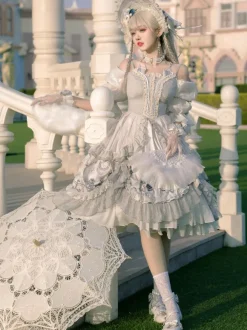 Douce Lolita Mariage OP Robe Imprimé Fleur Gris Claire Lolita Une Pièce Robe