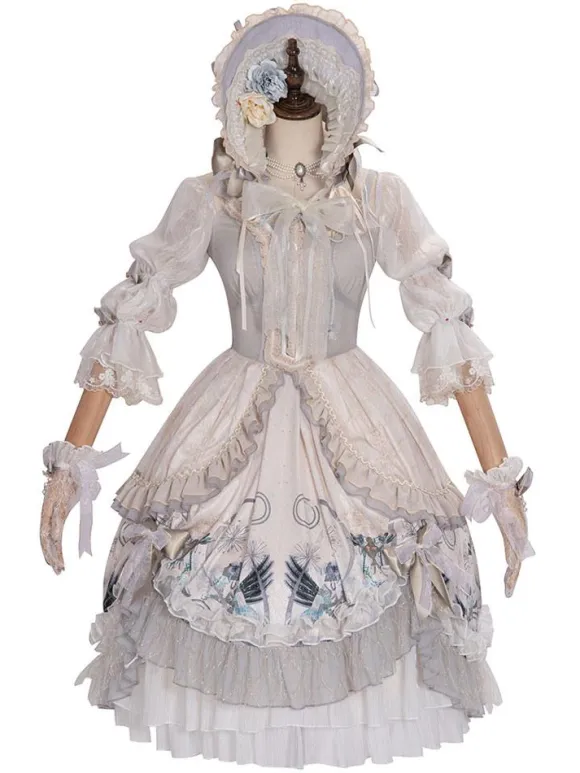 Douce Lolita Mariage OP Robe Imprimé Fleur Gris Claire Lolita Une Pièce Robe
