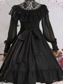 Douce Lolita OP Robe Noir Manches Transparentes à Volants Lolita Robes une pièce Déguisements Halloween