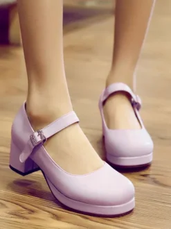 Doux Lolita Chaussures à bout rond en cuir Synthétique avec boucle cheville Lolita Pompes Déguisements Halloween