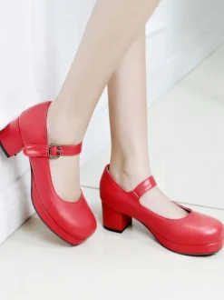 Doux Lolita Chaussures à bout rond en cuir Synthétique avec boucle cheville Lolita Pompes Déguisements Halloween
