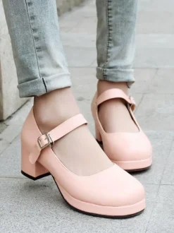 Doux Lolita Chaussures à bout rond en cuir Synthétique avec boucle cheville Lolita Pompes Déguisements Halloween