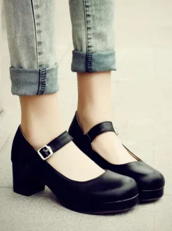 Doux Lolita Chaussures à bout rond en cuir Synthétique avec boucle cheville Lolita Pompes Déguisements Halloween