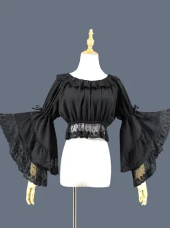 Doux Lolita Blouse Dentelle Ruffle Bow Hime Sleeve Mousseline De Soie Noir Lolita Crop Top Déguisements Halloween