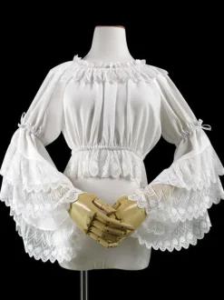 Doux Lolita Blouse Dentelle Ruffle Bow Hime Sleeve Mousseline De Soie Noir Lolita Crop Top Déguisements Halloween