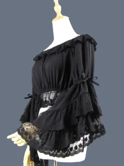 Doux Lolita Blouse Dentelle Ruffle Bow Hime Sleeve Mousseline De Soie Noir Lolita Crop Top Déguisements Halloween