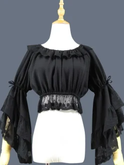 Doux Lolita Blouse Dentelle Ruffle Bow Hime Sleeve Mousseline De Soie Noir Lolita Crop Top Déguisements Halloween