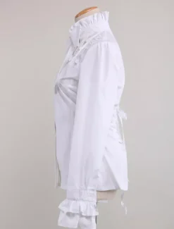 Doux Lolita chemisier à manches longues en coton blanc col montant volants Déguisements Halloween