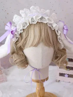Doux Lolita Coiffe Oreilles de lapin en dentelle Bows Bandeau dentelle Déguisements Halloween