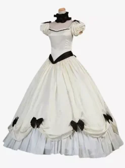 Ecru White Retro Costumes Ruffles pour femmes Bows Polyester Tunic Robe Retro Marie Antoinette Costume Masquerade Robe de bal