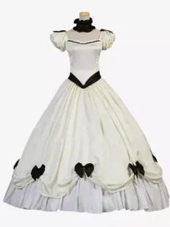 Ecru White Retro Costumes Ruffles pour femmes Bows Polyester Tunic Robe Retro Marie Antoinette Costume Masquerade Robe de bal