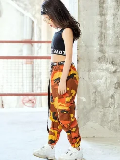 Enfants Jazz Costume De Danse Filles Imprimé Long Pantalon Et Crop Top Gilet 2 Pièces Ensemble Déguisements Halloween