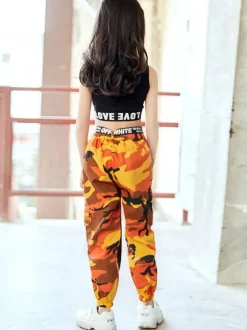 Enfants Jazz Costume De Danse Filles Imprimé Long Pantalon Et Crop Top Gilet 2 Pièces Ensemble Déguisements Halloween